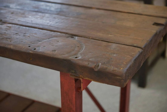 Industrielle Werkbank 1950er Jahre – Schreibtisch, Holz, Polierter Stahl, Industrieel (photo 9 of 15)