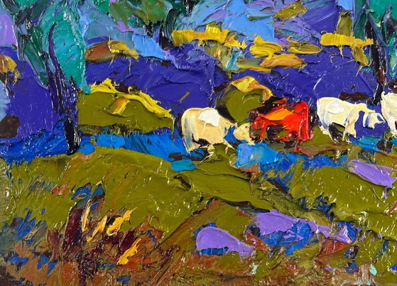 Image 1 of Original Oil Painting Summer Field Landscape Evening light behind the village