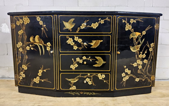 Image 1 of Vintage Chinese Sideboard / Lacquer Cabinet (Black / Birds) Bohemian / Oriental Chest of Drawers
