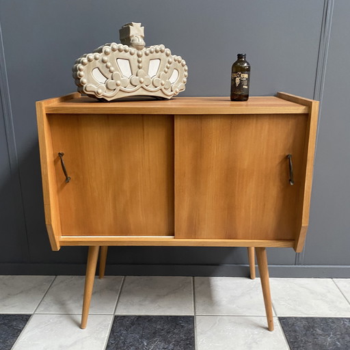 Blonde Wood Cabinet - 2 Sliding Doors - 1960s