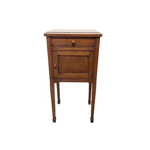 Antiek Frans Eiken Nachtkastje Met Marmeren Blad, Jaren 20