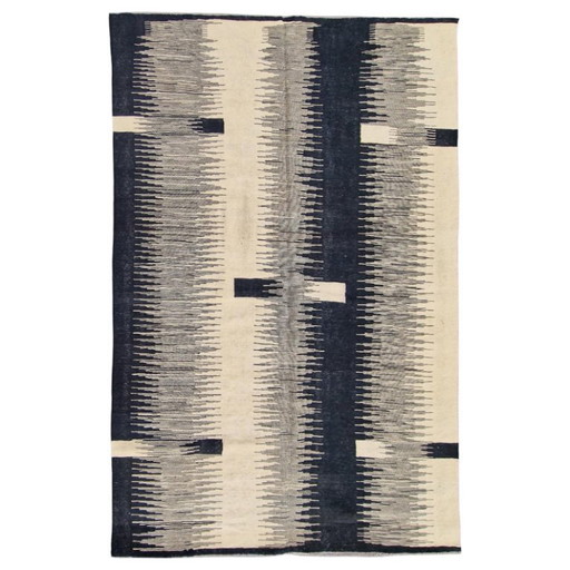 Alfombra Kilim de lana tejida a mano | Diseño Ikat moderno en blanco y negro | Tejido plano contemporáneo (97 × 68 pulgadas)