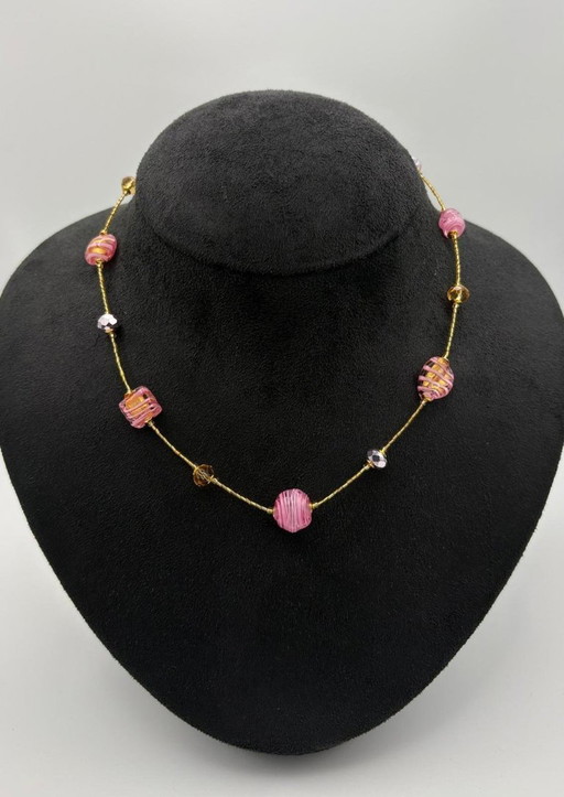Murano Glass Necklace with Gold Leaf – Handcrafted Pink Beads – 47 cm – with Certificate