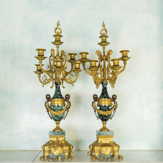 Image 1 of Pair of candelabra and clock in Verde Alpi marble and bronze, 50s