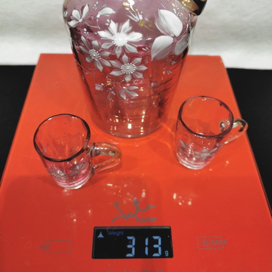Image 1 of Antieke Franse Art Nouveau likeurset van roze iriserend glas, ca. 1900.