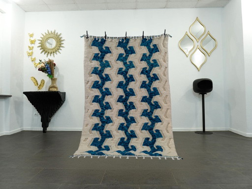 Berber Rug - 249 cm x 162 cm - White and Blue Wool
