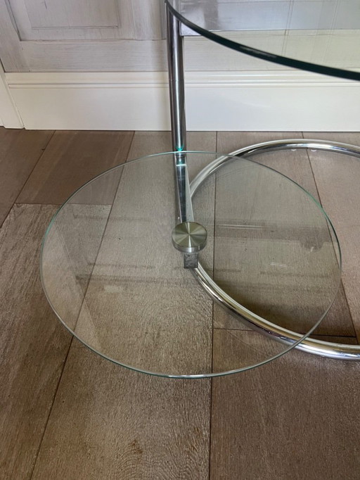 Table basse vintage avec 2 plateaux tournants en verre et chrome