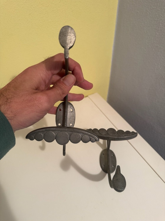 Pair of Vintage Metal Wall Hooks, 1960s/70s Mid-Century Design, Coat racks, Cast Iron, Black (photo 4 of 5)