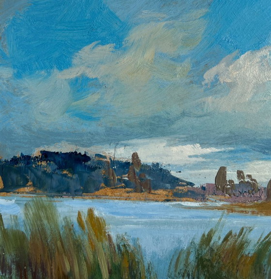 Image 1 of Original Oil Painting Summer River Landscape Quiet flow of the river