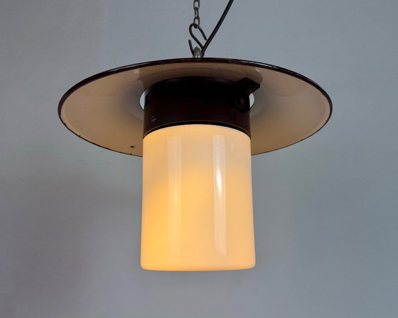 Image 1 of Industrial Grey Enamel Pendant Lamp with Milk Glass, 1960s