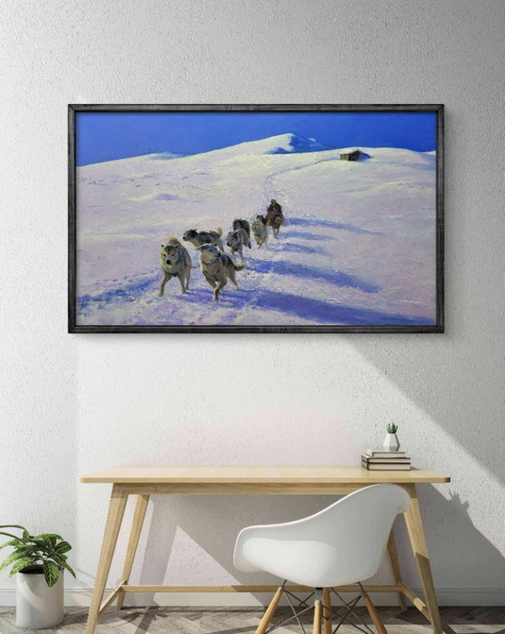 Image 1 of Pintura al óleo original: Paisaje nórdico con perros de trineo en las montañas.
