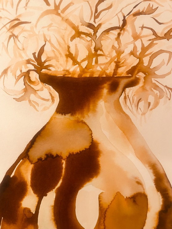 Image 1 of Painting signed, Wabi Sabi vase adorned with dried flowers