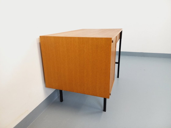 Image 1 of Bureau moderniste vintage Multitable par Jacques Hitier en bois de chêne et métal noir des années 50 60