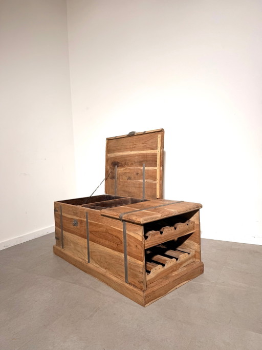 Coffre de rangement en teck avec casier à vin intégré – drankenkasten, Wood