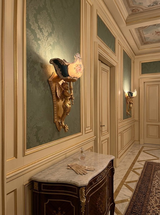 EXCLUSIVE SET: 8 "F.B.A.I. & TICHE" Wall Lights – Gold-Plated Brass and Cobalt Blue Porcelain