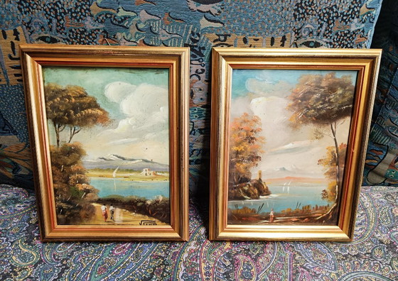 Antique Italian Oil Paintings on Panel with Gold Leaf Frame, Early 20th Century – Paintings & Drawings, Wood (photo 7 of 7)