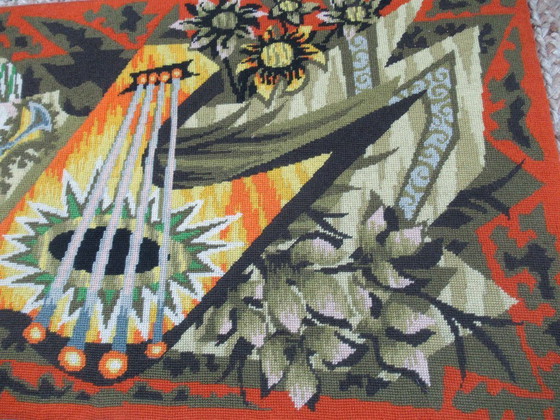 Image 1 of TAPESTRY - JEAN PICART LE DOUX cithare - ROYAL PARIS Handmade 116cm x 48cm on wooden frame 1970s