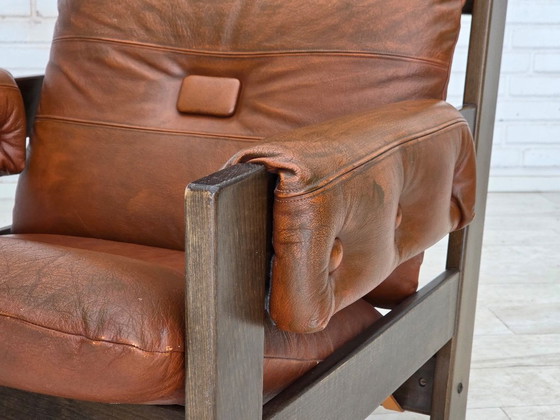 Image 1 of Sillón escandinavo años 70, mobiliario de piel, lona, ​​madera de roble.