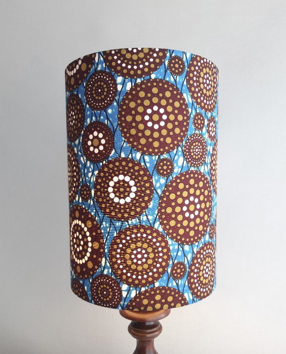 Image 1 of Turned wooden vintage lamp base with handmade lampshade of African wax fabric