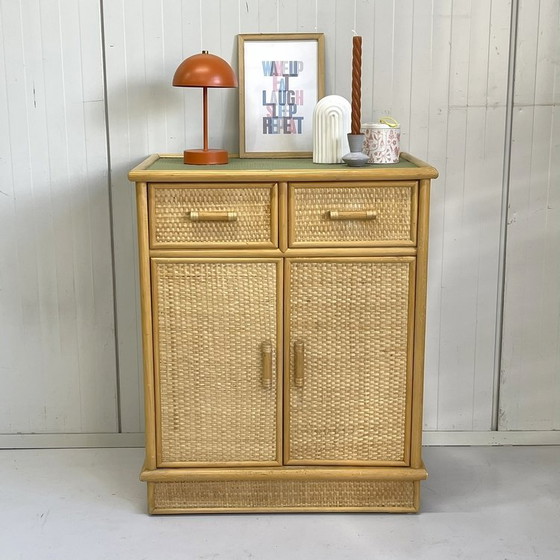 Image 1 of Vintage Rattan Bamboo Sideboard Green Leaf Drawer Cabinet