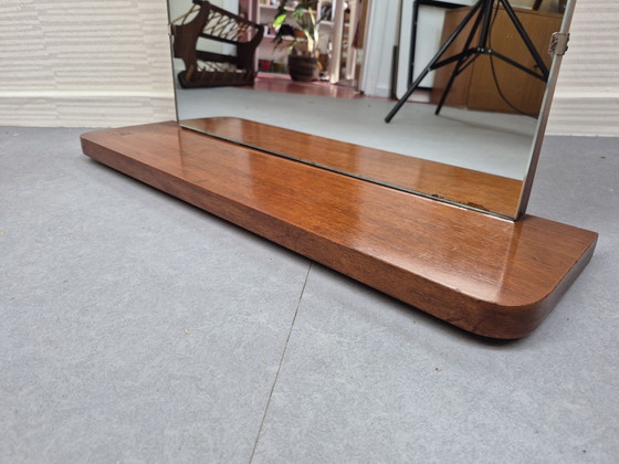 Vintage XXL Mid-Century mirror with shelf in teak veneer., Wood, Brown (photo 3 of 10)