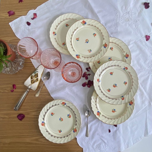 6 antique Salins earthenware dessert plates, pale yellow with flowers