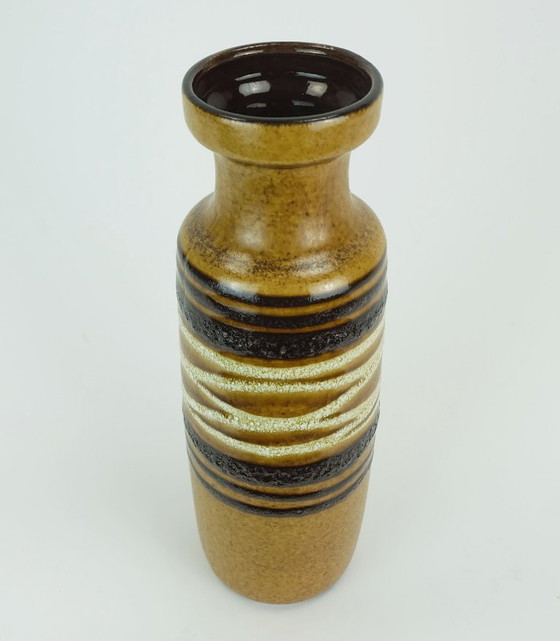 Image 1 of scheurich mid century VASE 1960s fat lava stripe decor ochre black white model no. 200-28