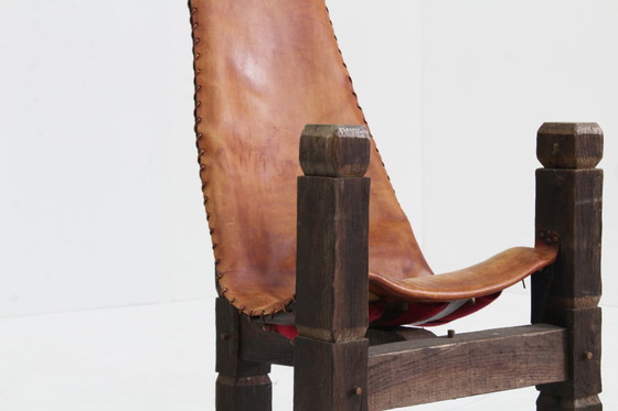 Image 1 of Vintage Brutalist tripod chair leather and wood
