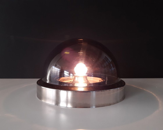 Image 1 of Stijlvolle space age plafonnière met rookglazen kap, vintage glazen plafondlamp met chroom