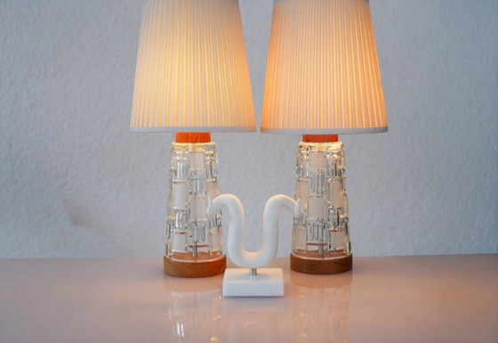 Image 1 of Mid-century modern Scandinavian teak and glass table lamps, set of 2
