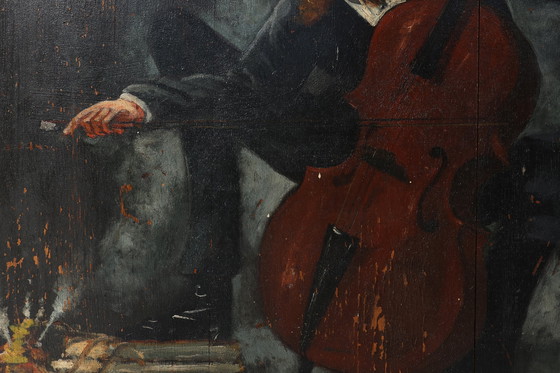 Image 1 of Peinture sur bois du 20e siècle signée S. Gil représentant un violoncelliste dans un théâtre à Paris