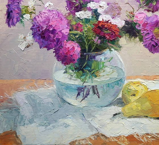 Image 1 of Peinture à l'huile originale Nature morte Asters dans un vase sur une table
