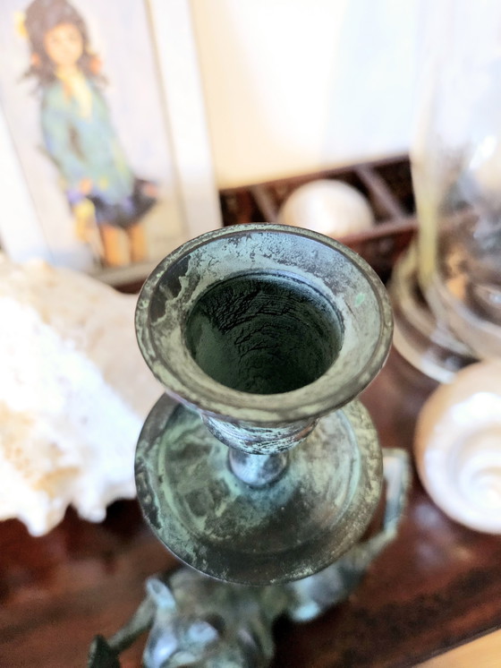 Image 1 of Bougeoir vintage en bronze patiné vert