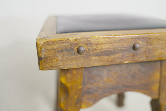 Image 1 of Rustic Oak Stools, 1940s French Hand-Carved Farmhouse Milking Stools, Fireplace Chalet Mountain Decor with Studded Leather Seats