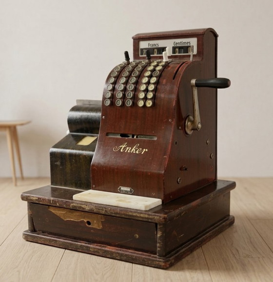 Image 1 of Mechanical Cash Register, Vintage Wooden Anker, 1920s, European