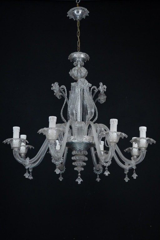 Vintage kroonluchter van helder Murano-glas uit de jaren 1940, een klassiek Italiaans kunstglas.