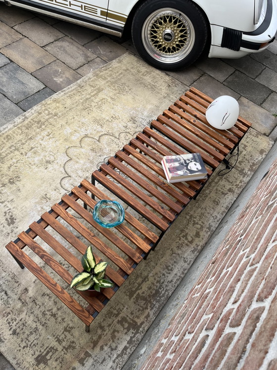 Unique set of three vintage mid-century MCM slat benches – Side tables, Wood, Metal (photo 9 of 11)