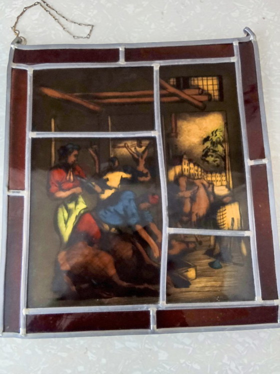 Image 1 of Antiek Glas in Lood Slagers Slachthuis Koeien