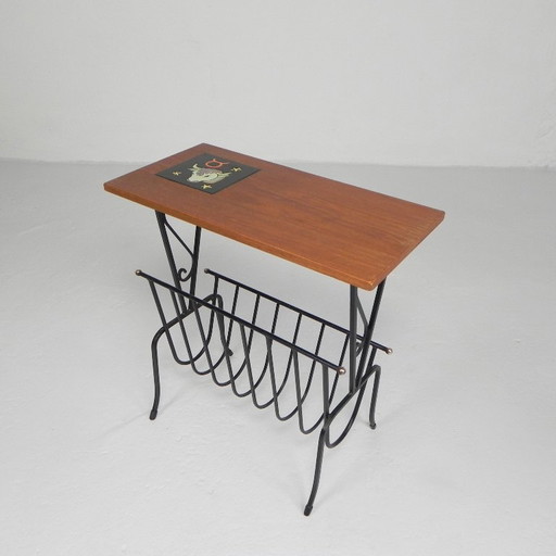 Vintage side table, newspaper rack with tile from Hemiksem, 1950s