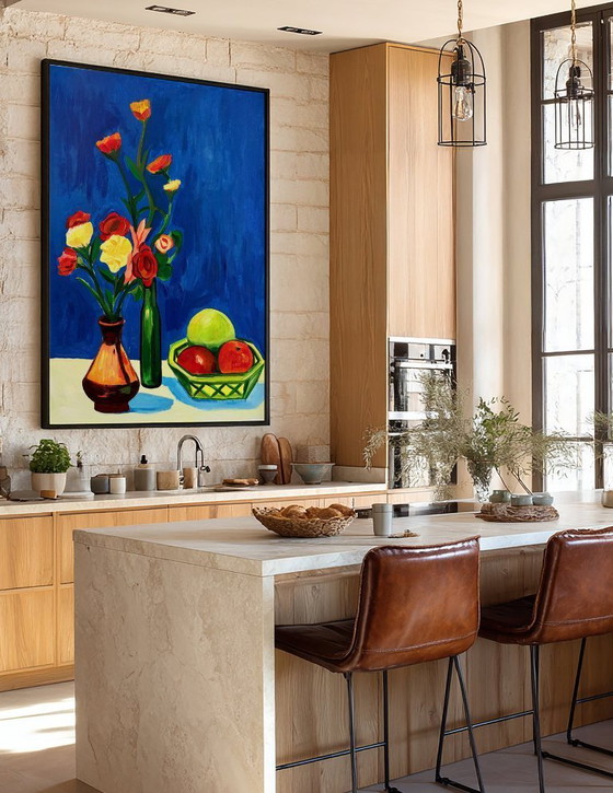 Image 1 of Acrylic painting by the artist E. García "Bodegón con fondo azul" 100x70 cm