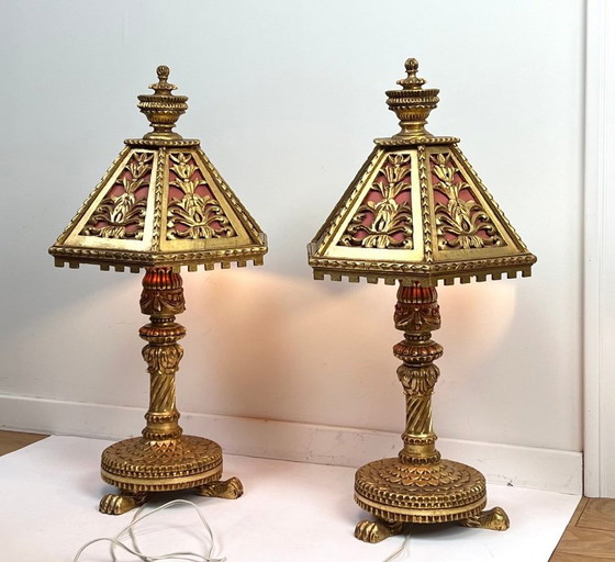 Image 1 of 2x Florentino italiano de madera dorada, lámparas de mesa de mediados de siglo, ¡monumental! ¡Dramáticas!