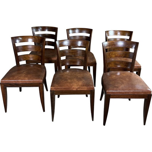 Set of 6 vintage mahogany and skai chairs, 1940