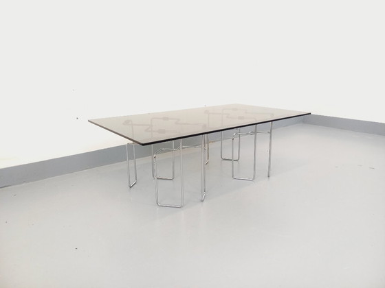 Image 1 of Vintage Space Age rectangular coffee table in smoked glass and chrome metal from the 1970s