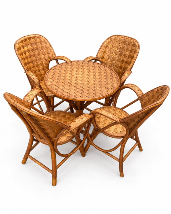 Set da giardino vintage in rattan intrecciato - tavolo rotondo e 4 poltrone – Set da salotto, Bamboo, Wicker (photo 3 of 15)