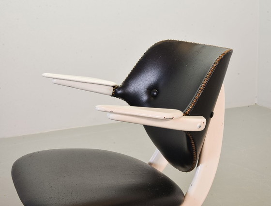 Image 1 of Louis van Teeffelen Dutch Design Pelican Arm Chair for Webe in Solid White Painted Teakwood and Black Leatherette. 