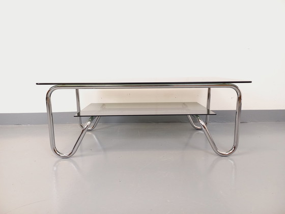 Image 1 of Table Basse Rectangulaire Italienne Vintage 2 Plateaux en Verre Fumé et Métal Chromé des Années 70