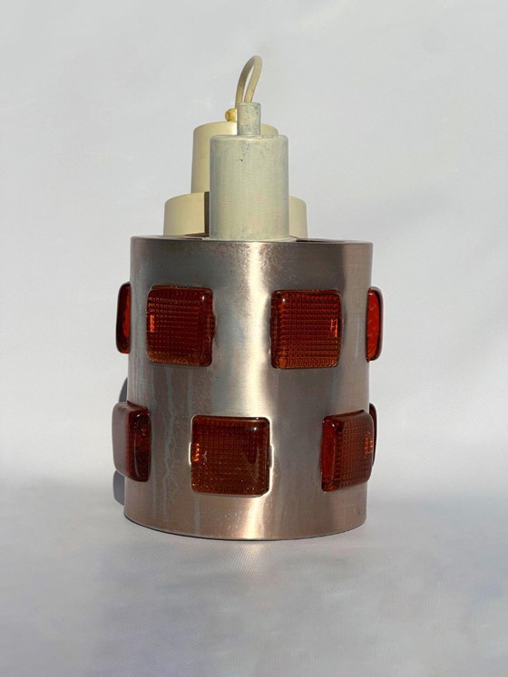 Erik Höglund & Einar Bäckström pendant lamp, red glass inserts, 1970s, Orrefors, Aluminium, Silver (photo 2 of 5)