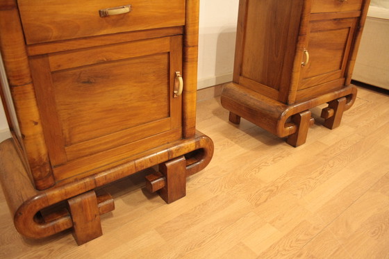 Image 1 of Pair of Art Deco Walnut Bedside Tables, 1950s Mid Century Modern, Italy