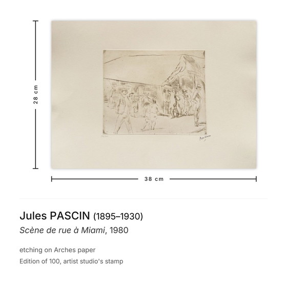 Image 1 of Jules PASCIN, escena callejera en Miami, grabado de 1980