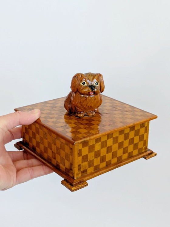Image 1 of Midcentury Handmade Wooden Trinket Box, Dog Figurine Lid Checkered Pattern, Quirky Decor